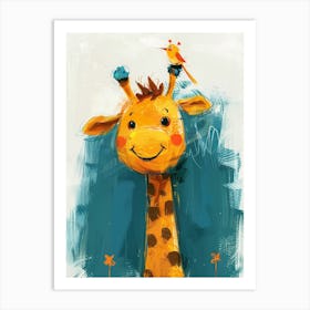 Small Joyful Giraffe With A Bird On Its Head 15 Art Print