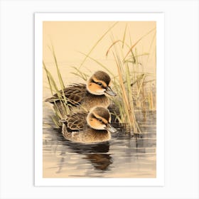 Ducklings Swimming In The Water Japanese Woodblock Style 1 Art Print