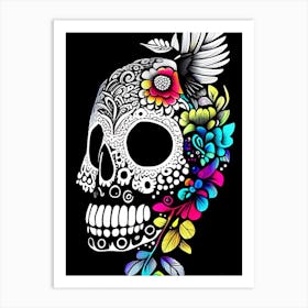 Skull With Bird Motifs 2 Colourful Doodle Art Print