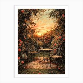 Serene Vintage Garden With Wrought Iron Furniture – Romantic Sunset Wall Art Print Art Print