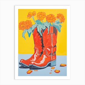 A Painting Of Cowboy Boots With Orange Flowers, Fauvist Style, Still Life 4 Art Print