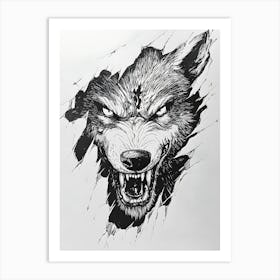 Angry Wolf Watching from Wall Hole 3 Art Print