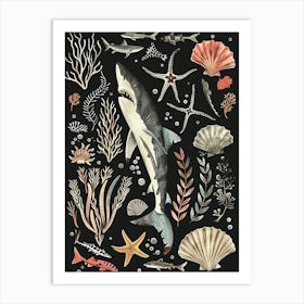 Mako Shark Seascape Black Background Illustration 2 Art Print