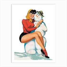 Sexy Pinup Girl Posing With Lucky Snowman Art Print