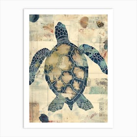 Sea Turtle Wallpaper Style Blue & Beige 2 Art Print