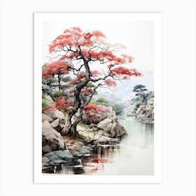 Rikugien Garden In Tokyo, Japanese Brush Painting, Ukiyo E, Minimal 1 Art Print