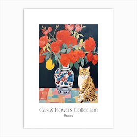 Cats & Flowers Collection Rose Flower Vase And A Cat, A Painting In The Style Of Matisse 11 Art Print