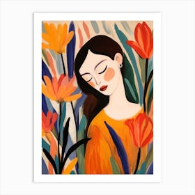 Woman With Autumnal Flowers Bird Of Paradise 4 Art Print
