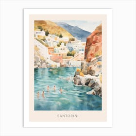 Swimming In Santorini Greece Watercolour Poster Art Print