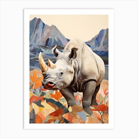 Colourful Patchwork Rhino With Mountain In The Background 4 Art Print