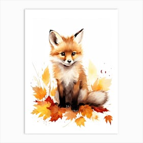 A Fox  Watercolour In Autumn Colours 1 Art Print