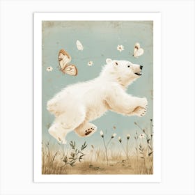 Polar Bear Cub Chasing After A Butterfly Storybook Illustration 4 Art Print