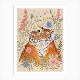 Folksy Floral Animal Drawing Tiger 5 Art Print