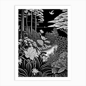 Coastal Maine Botanical Gardens, Usa Linocut Black And White Vintage Art Print