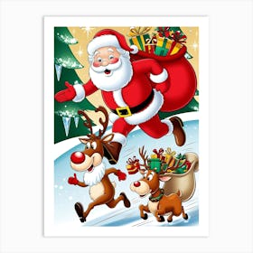 Santa Claus And Reindeer Art Print