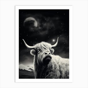 Black & White Illustration Of Highland Cow With The Stars Art Print