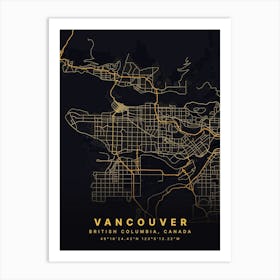 Vancouver British Columbia Canada Black And Gold Map Art Print