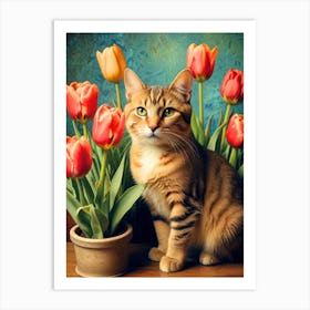 Cat With Tulips Art Print