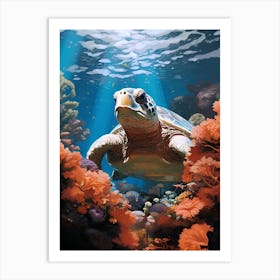 Turtle Amongst The Coral Underwater At Sea 1 Art Print