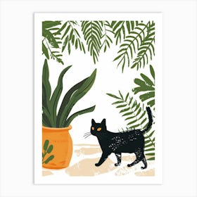 Black Cat With Plant 1 Art Print