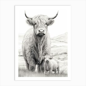 Black & White Illustration Of Highland Cow With Calf 3 Art Print