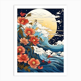 Great Wave With Cosmos Flower Drawing In The Style Of Ukiyo E 4 Art Print