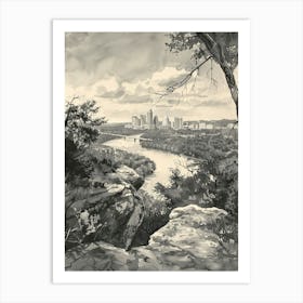 Mount Bonnell Austin Texas Black And White Watercolour 3 Art Print