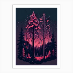 A Fantasy Forest At Night In Red Theme 61 Art Print