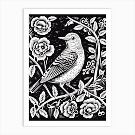 B&W Bird Linocut Mockingbird 2 Art Print