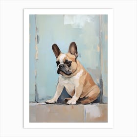 French Bulldog Dog, Painting In Light Teal And Brown 2 Art Print
