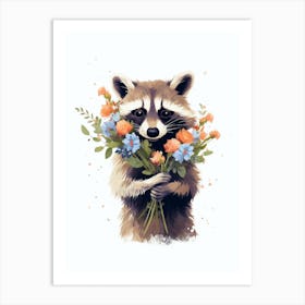 Raccoon Cute Illustration With Flowers 1 Art Print