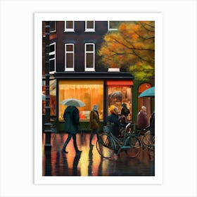 Amsterdam cafes, autumn, autumn oil colours, pastel colours, pedestrians in the street, winter clothes.1 Art Print