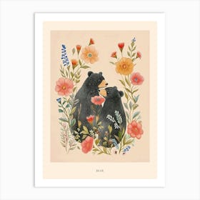 Folksy Floral Animal Drawing Bear 2 Poster Art Print