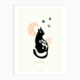 Magic Black Cat With Moon And Stars Peach Art Print