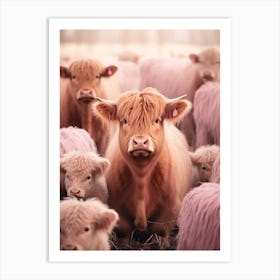 Highland Cow With Calves Pink Photography Art Print