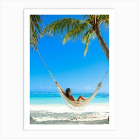 Content Woman Sprawls On A Pristine Tropical Beach Soft White Sands Adorned With Delicate Seashells (7) Art Print