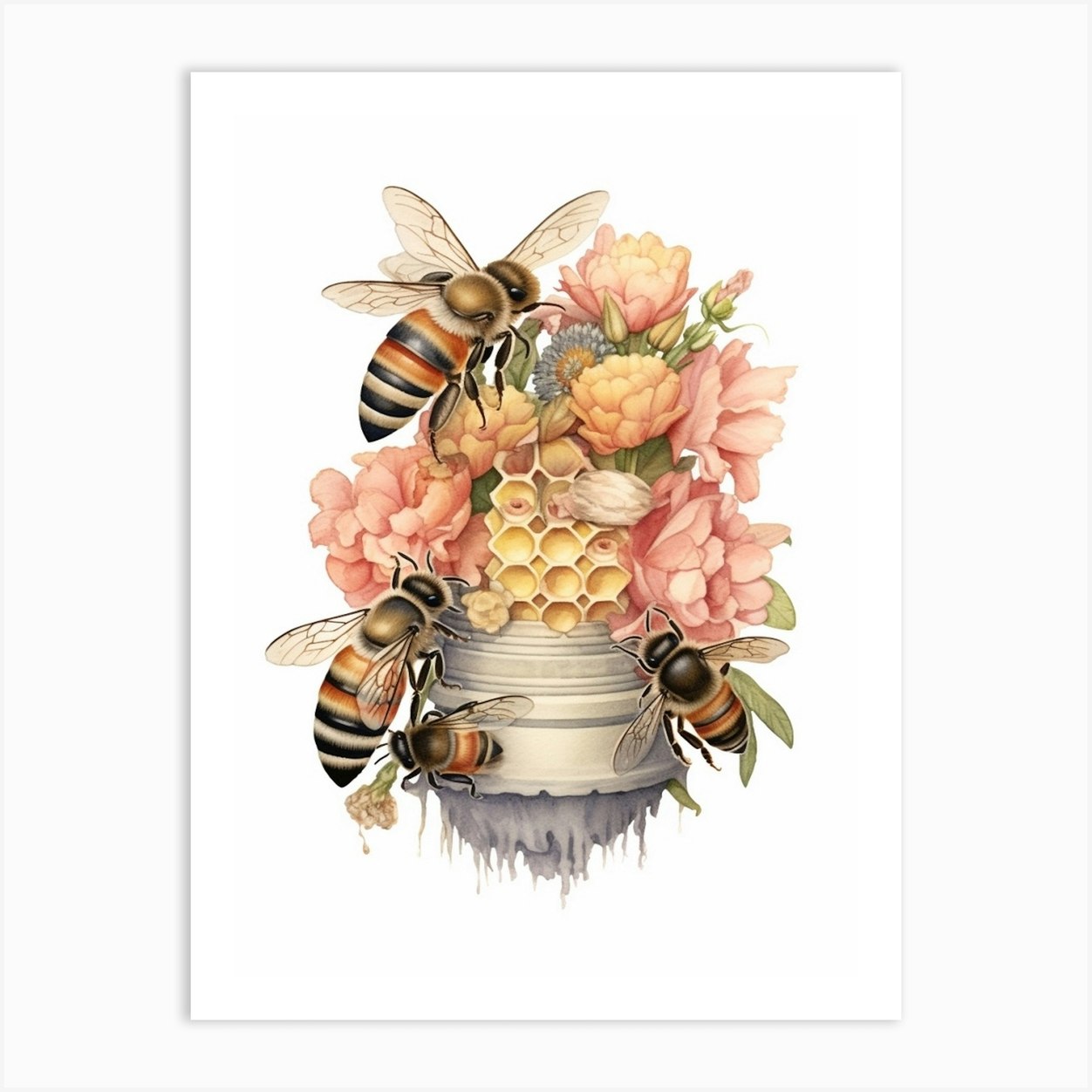 Four Banded Flower Bee Beehive Watercolour Illustration 3 Art Print