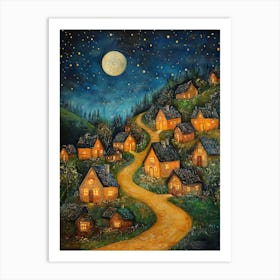 Village At Night With Stars and Moon In The Sky 9 Art Print