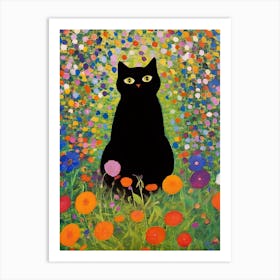 Gustav Klimt Black Cat Sitting In The Garden Botanical Art Print