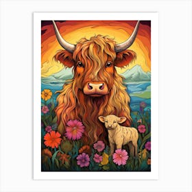 Colourful Sunset Highland Cow With Calf At Sunset Art Print
