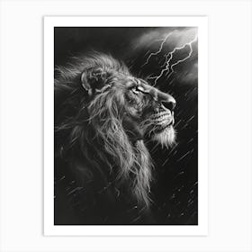 African Lion Charcoal Drawing Facing A Storm 2 Art Print