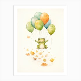 Frog Flying With Autumn Fall Pumpkins And Balloons Watercolour Nursery 1 Art Print