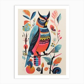 Colourful Scandi Bird Great Horned Owl 3 Art Print