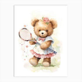 Tennis Teddy Bear Painting Watercolour 4 Art Print