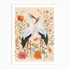 Folksy Floral Animal Drawing Crane 2 Art Print