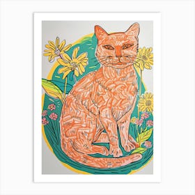 Cute Orange Cat With Flowers Illustration 1 Art Print