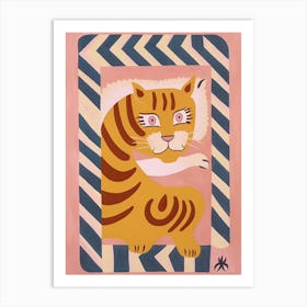 Pink Folk Tiger 0 Art Print