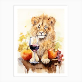 Tasting Wine Watercolour Lion Art Painting 3 Art Print