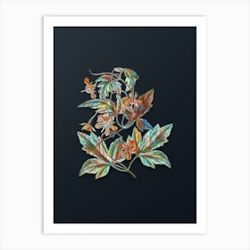 Vintage Red Loasa Flower Botanical Watercolor Illustration on Dark Teal Blue n.0638 Art Print