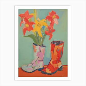 Painting Of Red Flowers And Cowboy Boots, Oil Style 9 Art Print